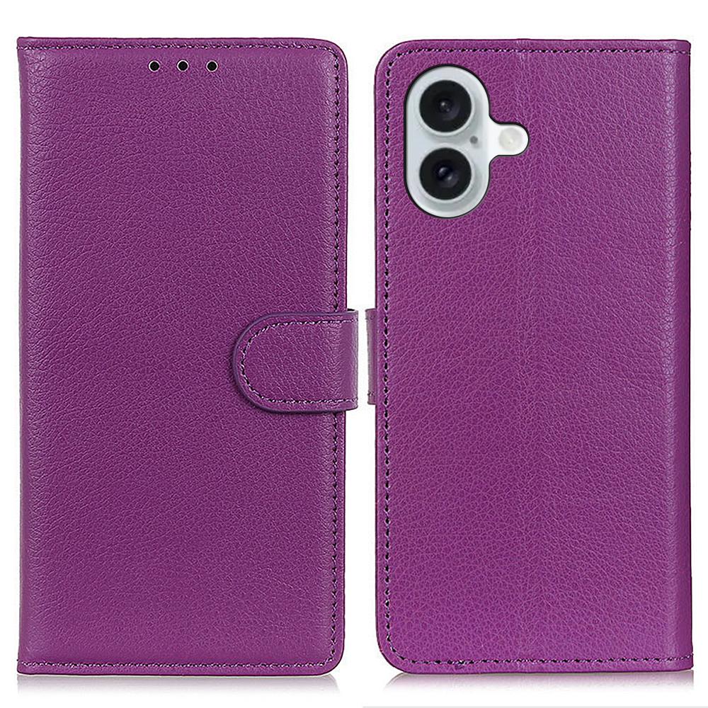 

For iPhone 16 Case PU Leather Wallet Stand Litchi Texture Phone Cover Purple