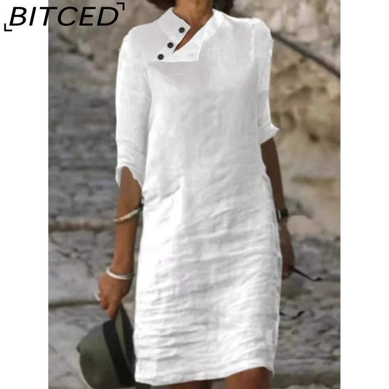 BITCED Women's Fashion Summer Spring Solid Color Print Short Sleeve High Waist Casual Dresses
