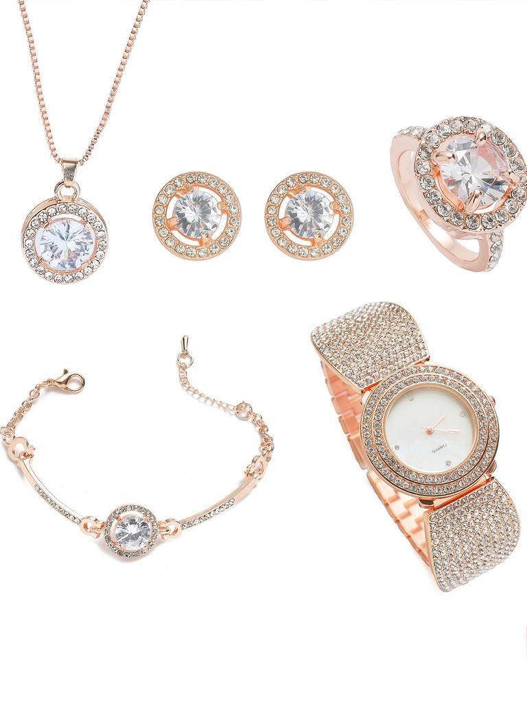 Damen Strass Stahlband Quarzuhren Set - 5-teilige Kollektion