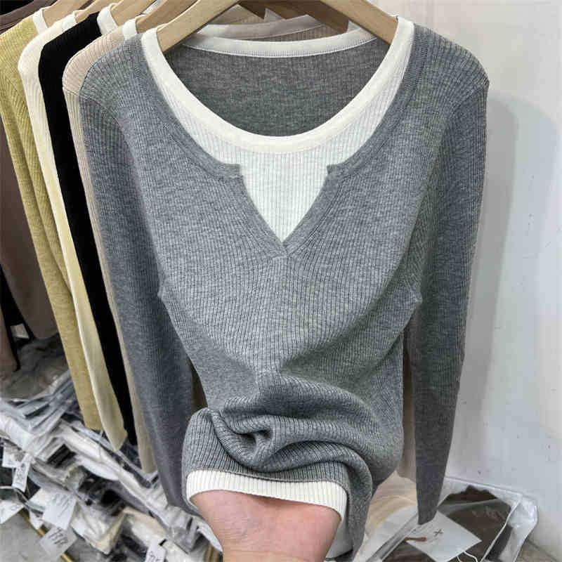 Fake Two-piece Neck Knitted Bottoming Shirt Women's Spring New Contrasting Color Soft Waxy Inner Top Sweater