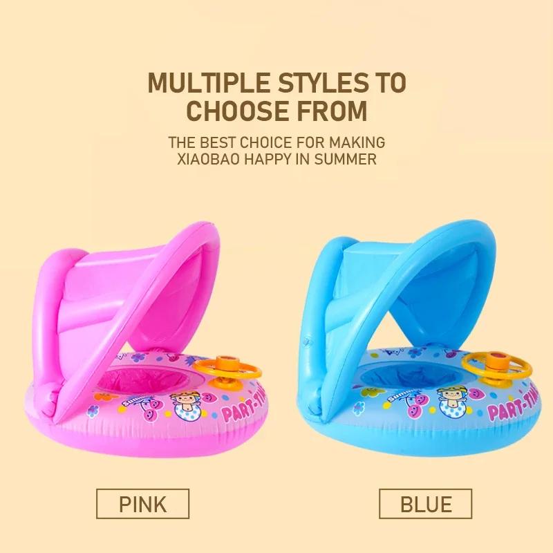 Water Floating Swimming Ring with Steering Wheel Summer Seat Pool Beach Water Toys for Kids Outdoor Sunshade Inflatable Toys