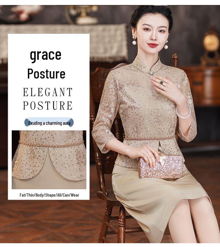 Champagne Qipao Dress - 2024 Spring Collection for Middle-Aged Women