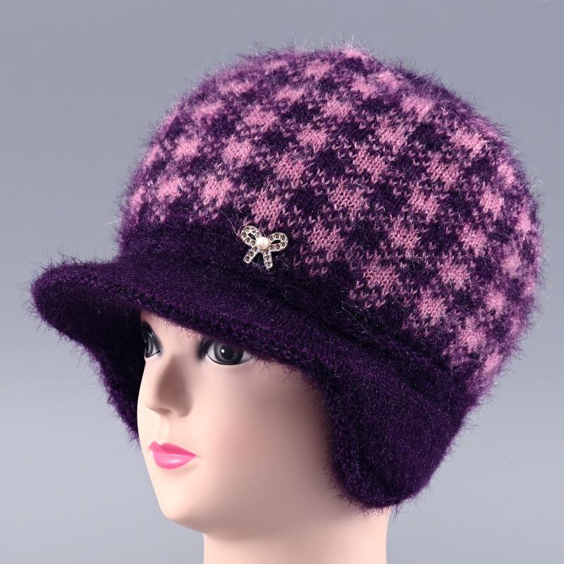 Hat Female Winter Rabbit Hair Warm Wool Hat Old Lady Cold Protection Ear Protection Knitted Hat