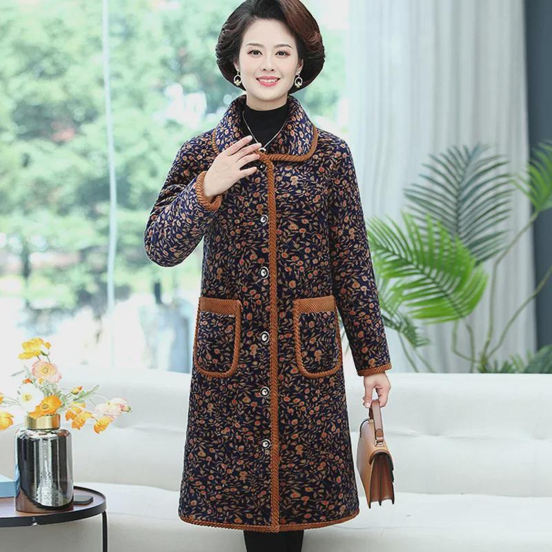Warm Floral Crystal Velvet Coat for Middle-aged and Elderly Women