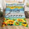 Hello Summer Comforter Cover Yellow Sunflower Bed Set,Farmhouse Duvet Cover Brown Stripe Old Wood Door Green Leaves Bedding Sets
