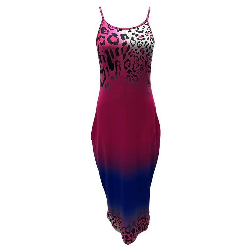 Women's Leopard Print Gradient Maxi Dress Sleeveless V Neck Casual Long Dress With Pockets