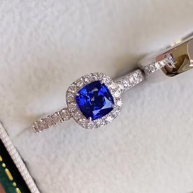 Longlong Gold Jewelry Royal Blue Square Ring Band Women’s S925 Silver Simple Engagement Ring