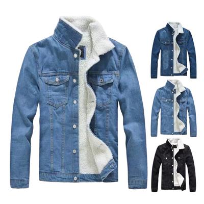 Herfst Winter Heren Denim Jas Opstaande Kraag Nek Bescherming Zakken Slim Fit Verdikt Pluche Enkelrijs Lange Mouw Unisex Jas