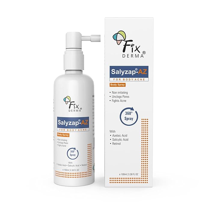 Fixderma Salyzap-Az 100 ml 2% Salicylic Acid + 2% Azelaic Acid Unscented Spray For Acne On Body Parts Like Back, Upper Arms 100 ML