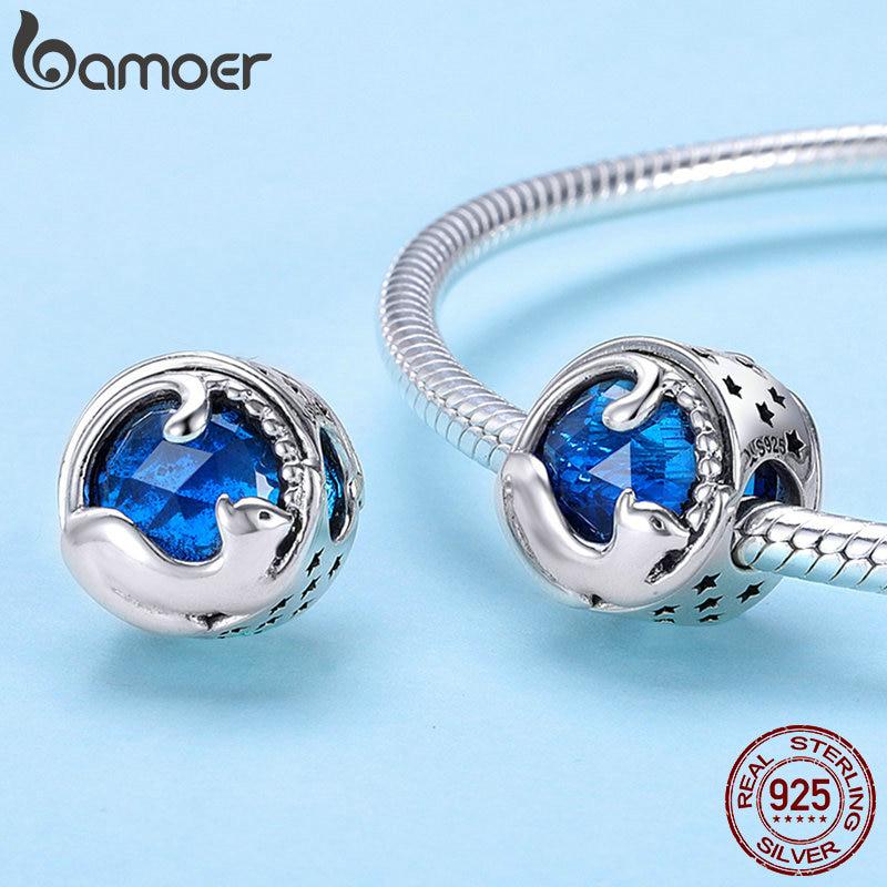 BAMOER 100% 925 Sterling Silver Playing Kitten Cat Blue CZ Charm Beads Fit Charm Bracelet & Bangles