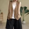 Sommer Baumwolle und Leinen Weste Damen Dünn Literarischer Stil mit V-Ausschnitt Kurze Weste Einfarbig Ärmellos Oberbekleidung