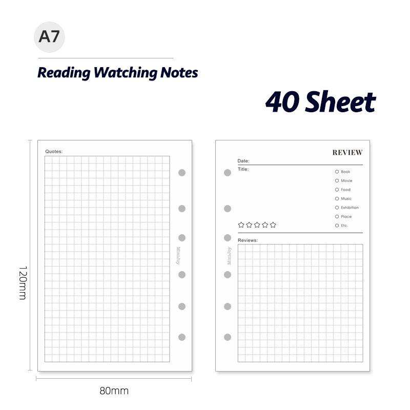 Fromthenon Minimalist Ledger Loose Leaf Paper 40 Sheets A6A7 Inner Pages Reading Watching Notes Loose Leaf Replacement Core