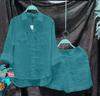 2023 Summer Women's Cotton Linen Long Sleeve Cardigan Two-Piece Set