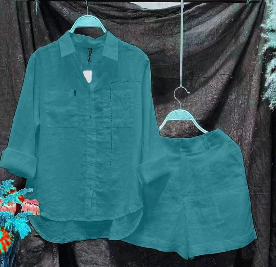 2023 Summer Women's Cotton Linen Long Sleeve Cardigan Two-Piece Set