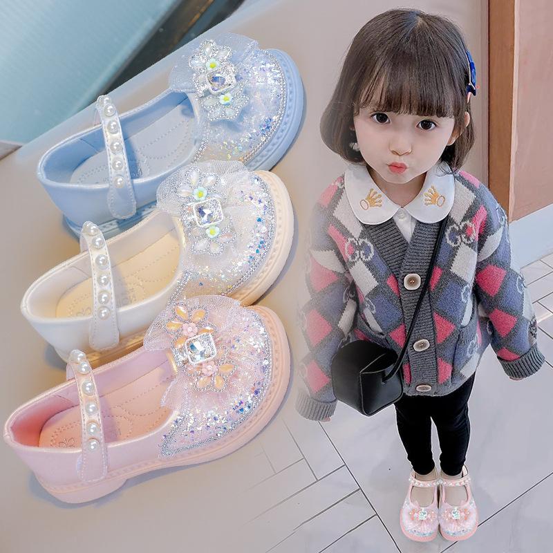 Girls Leather Shoes Children's Princess Crystal Shoes 2025 Spring and Autumn New Casual Single Shoes Rhinestone Soft Sole Girls Performance Shoes
