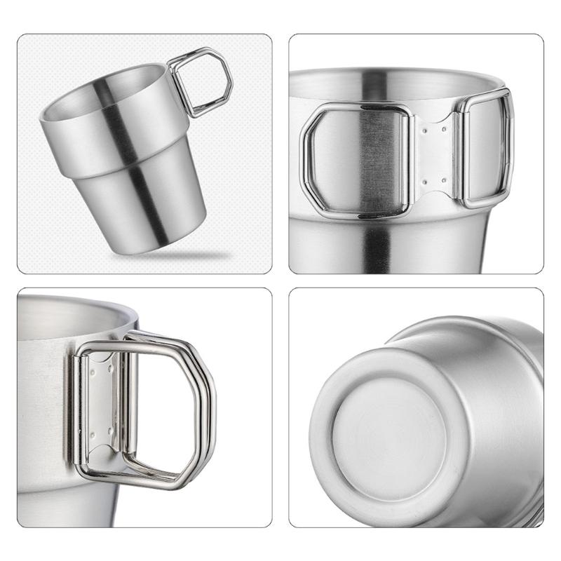 2er-Pack Edelstahl Isolierbecher für Camping, klappbarer Griff, doppelwandige Kaffeetassen für Outdoor, Wandern