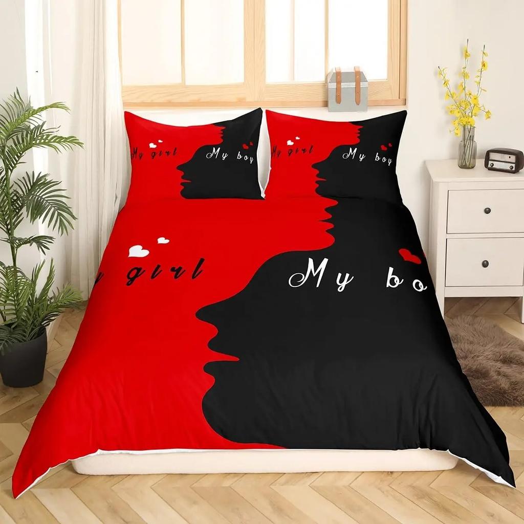 Paarvögel Bettbezug Queen Valentinstag Bettwäsche-Set Äste Tierische Steppdecke Rot Schwarz Liebesschlaftag Deckenbezug