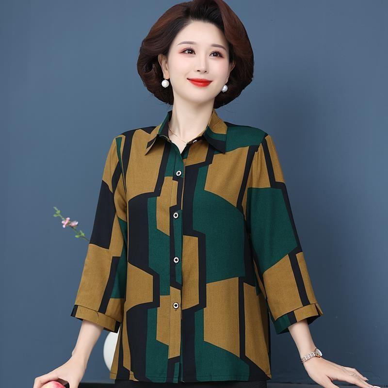 Vintage Broken Printed Blouse Spring Summer 3/4 Sleeve Turn-down Collar Commute Single-breasted Shirt