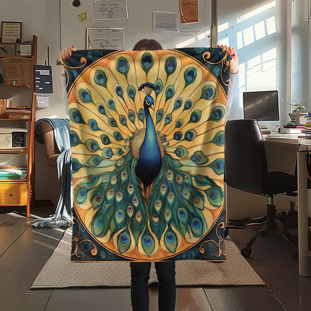 Peacock with Fanned Tail Print Flannel Blanket, High quality Comfortable for All Seasons, Home Decor, Warmth and Comfort