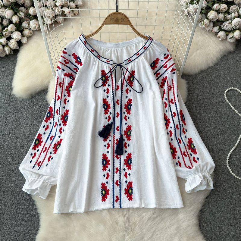 

Ethnic Style Retro Embroider Tops Women s Clothing 2024 Summer New Arrival Loose Lace-up Slim Fit Slimming Puff Sleeve Shirt White All yards
