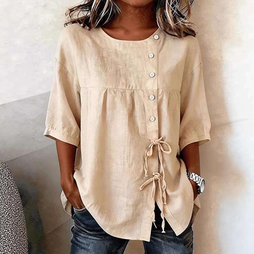 Fashionable Women's Shirt With Buttons, Round Neck, And Short Sleeves