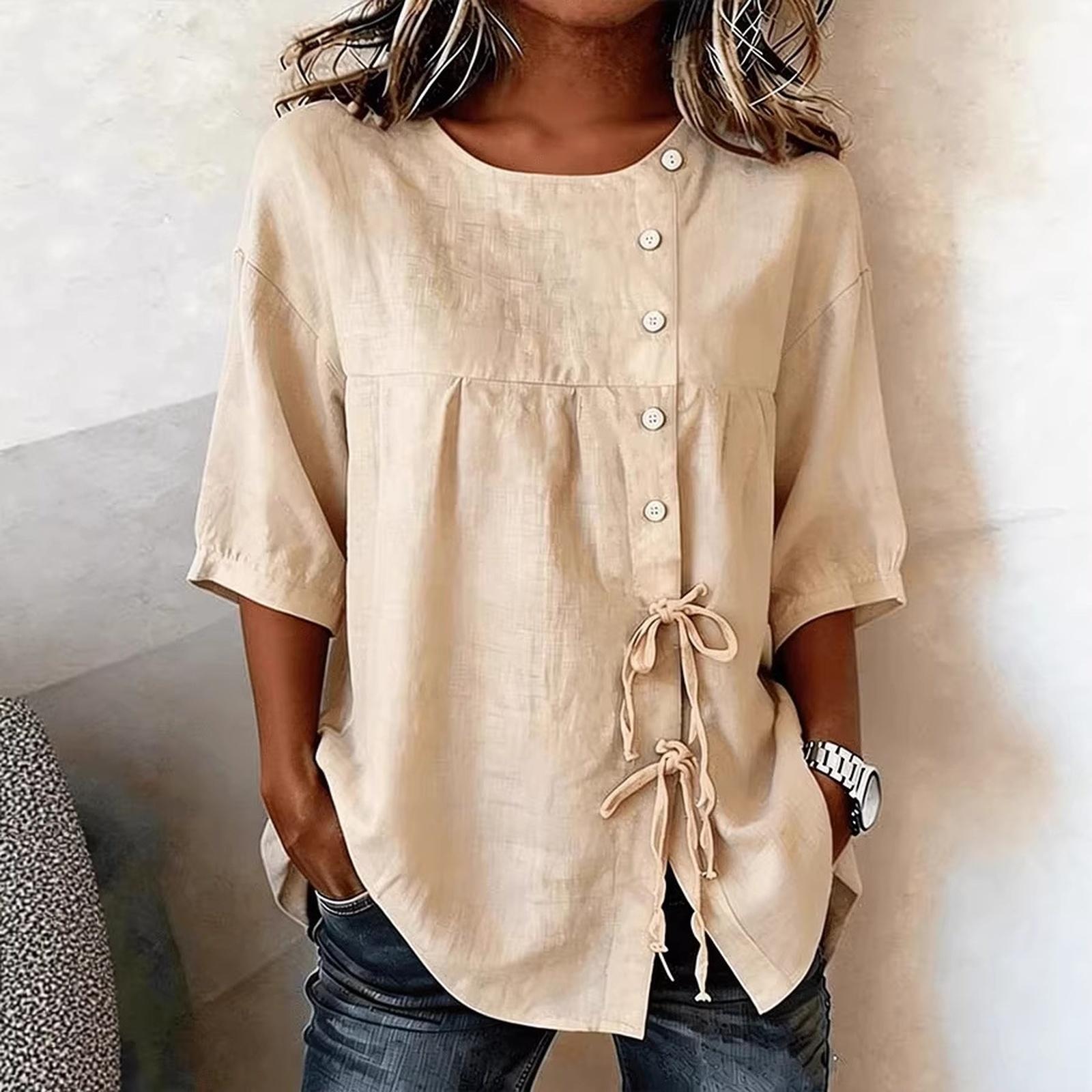 Fashionable Women s Shirt With  Buttons, Round Neck, And Short Sleeves L хаки
