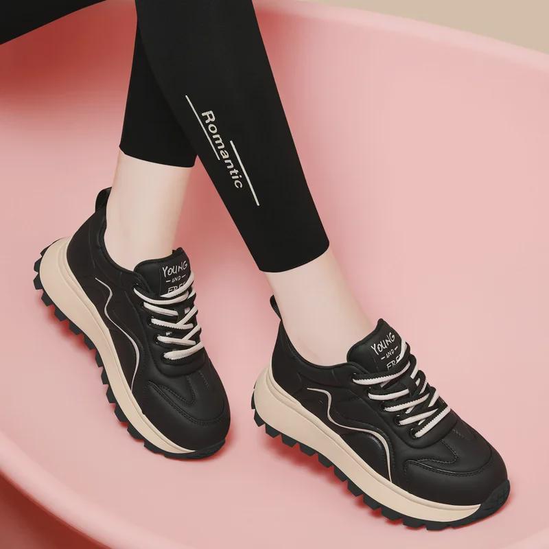2024 Women's Genuine Leather Lightweight Lace-Up Sneakers - Non-Slip, Soft-Soled, Casual Fit for Autumn