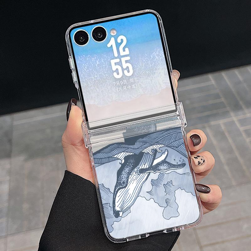Hinged Magnetic Phone Case For Samsung Z FlIP 7 FE 6 5 Ocean Fish Whale Print Clear Hard PC Folding Phone Cover For Galaxy Z Flip7 Flip6 Flip5