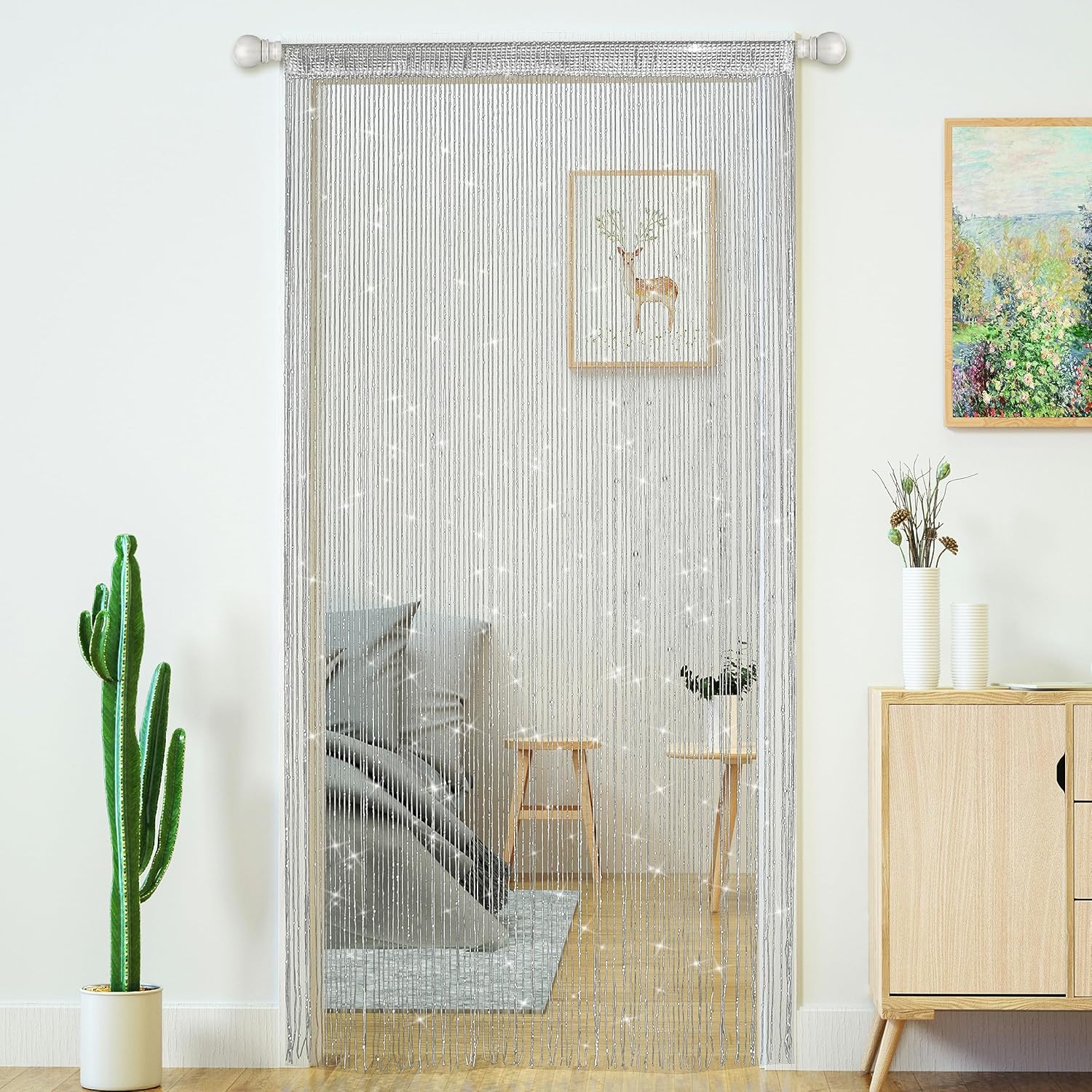 

Шторы-нити для дверных проемов Шторы с блестящими бусинами Дверные блестящие бусины Занавеска для открытого шкафа Прачечная Подвесные хиппи Блестящие бусины Окно Девушки Панель 1pc серебряный