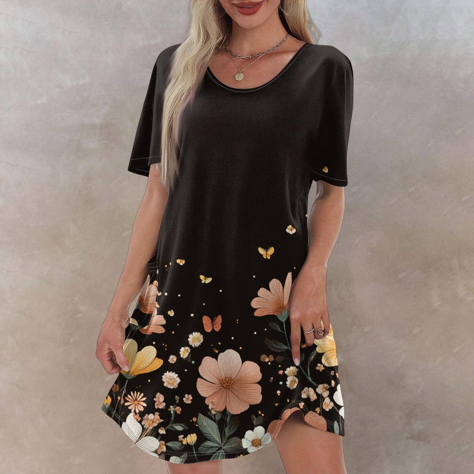 

Женское повседневное модное платье с V-образным вырезом и коротким рукавом с гавайским принтом и карманом L чёрный