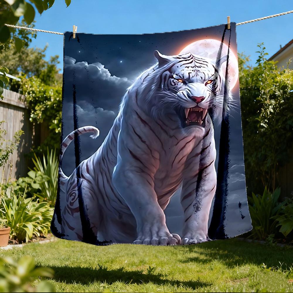 1pc White Tiger Moon Print Throw Blanket Polyester Fiber, Lightweight Flannel, Soft & Warm, All Season Use for Outdoor, Camping Digital Print
