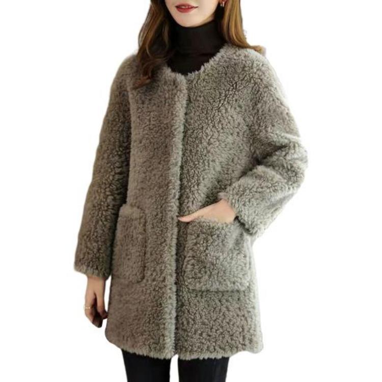 

Mid Length Plush Winter Coat with Pockets Solid Color Round Neck Imitation Fur Outerwear Long Sleeve Single Breasted Jacket M серый