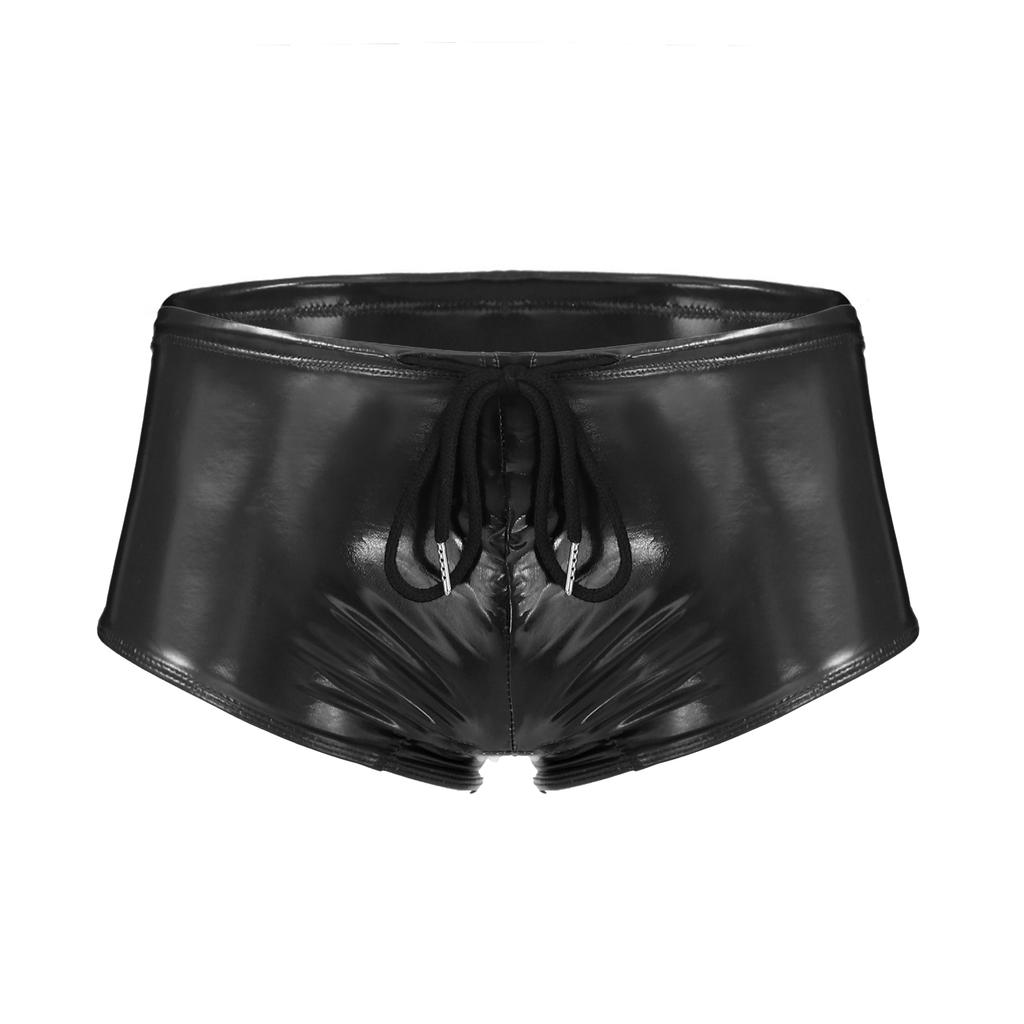 Mens Patent Leather Swim Trunks Wet Look Design Low Rise Boxer Shorts Drawstring Waist Party Clubwear