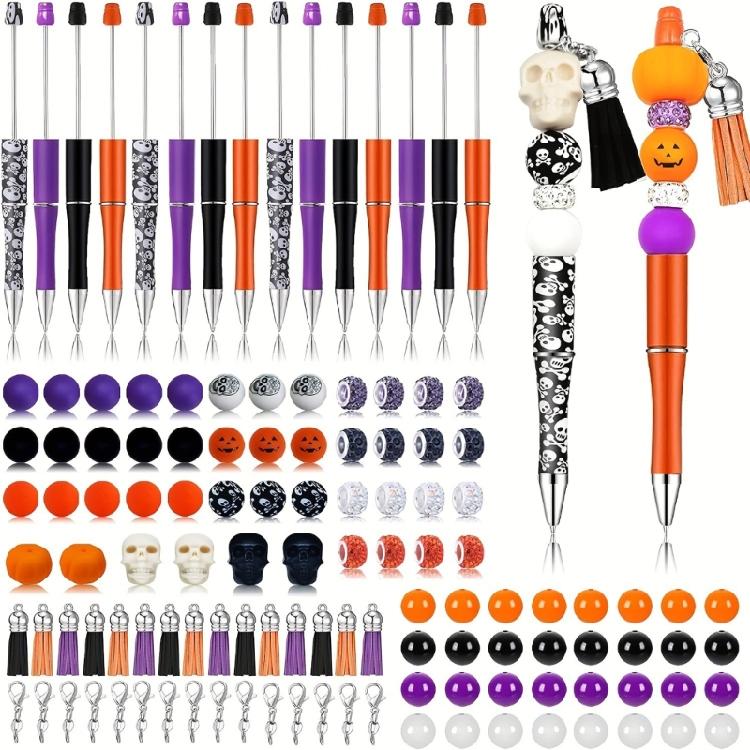 

123Pcs Novelty Beading Ballpoint Pen Halloween Beadable Ballpoint Pen with Beads, Lobster Clasps, Tassels Pendant 1