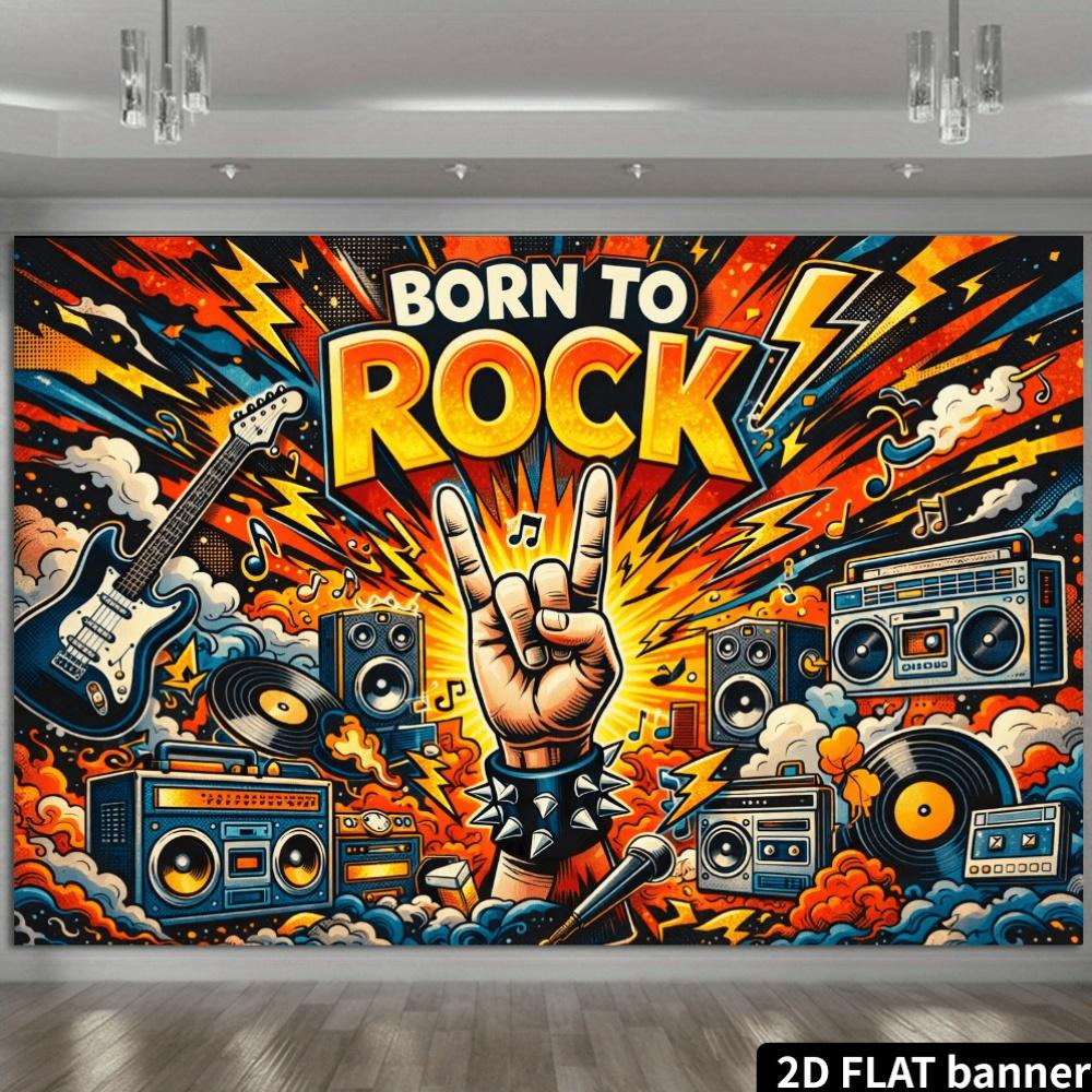 2D scene: Rock style theme "Born to Rock", vintage speaker set, and cloud and lightning decorations