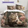 Maine Coon and Flowers Pattern Bedding Home Decoration Birthday Gift (1 * Duvet Cover + 2 * Pillowcase, Without Core)