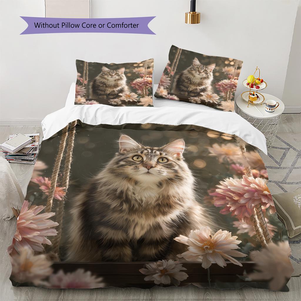 Maine Coon and Flowers Pattern Bedding Home Decoration Birthday Gift (1 * Duvet Cover + 2 * Pillowcase, Without Core)