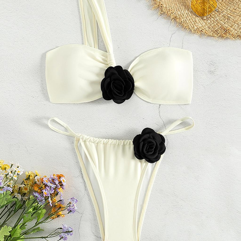 Beliebter Badeanzug Bikini Schräger Schulter Dreidimensionale Blume Weißes Tube Top Gespaltenes Bikini-Badeanzug Damen