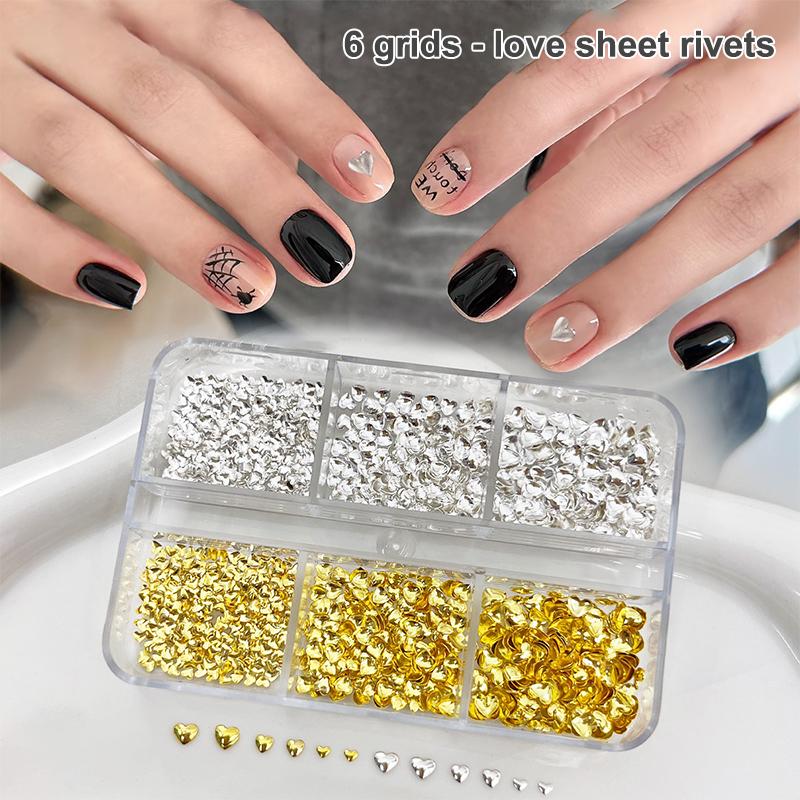 

6Grids 3D Metal Heart Nail Art Charms Gold/Silver Starlight Rivets Nails Decorations Y2K Manicure Accessories Nail Parts Jewelry onesize