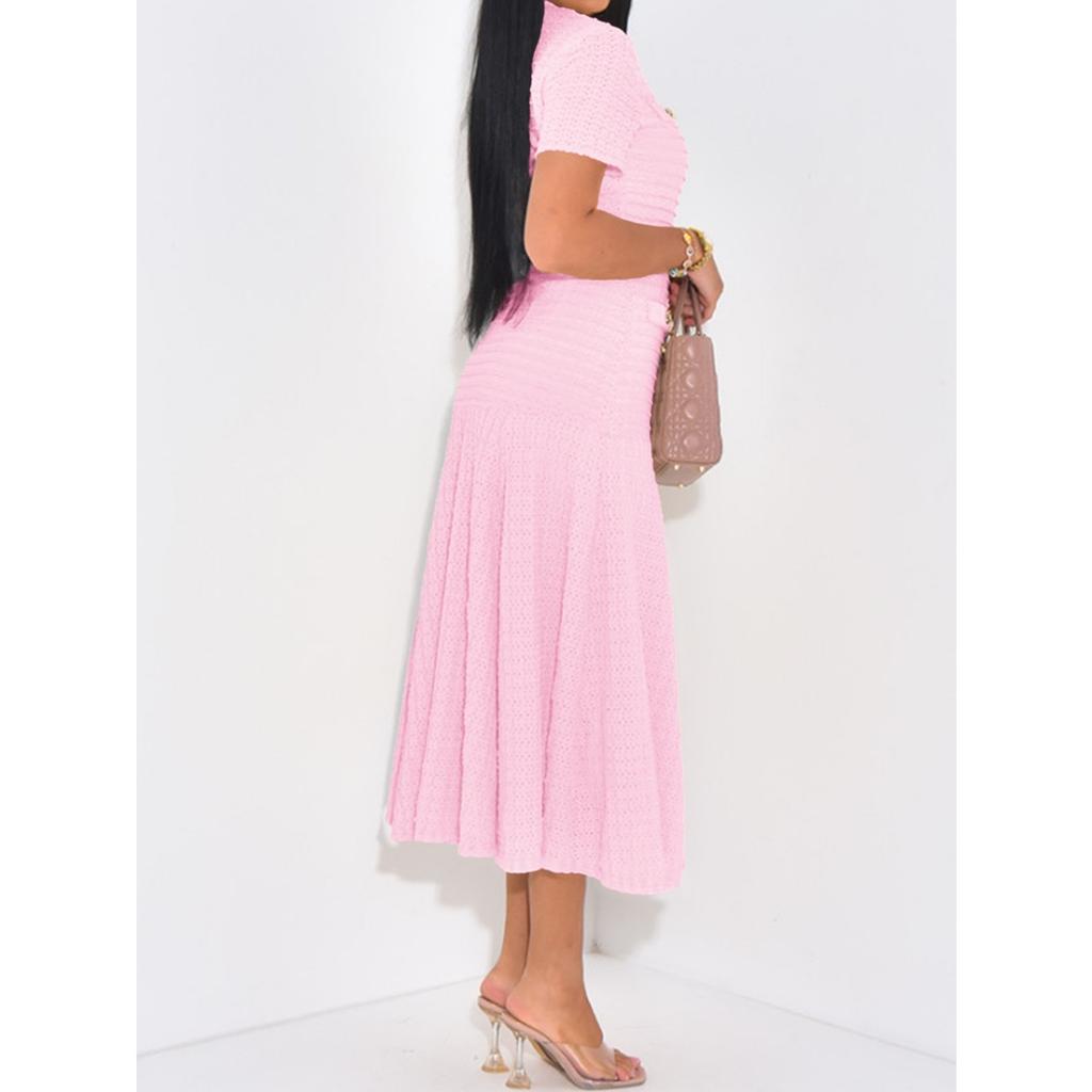 Slimming Knitted Dress Hollow Out Short Sleeve Lace Trim Waist Cinched Long Fashionable Sweater Dress