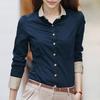 Bürodame Hemd Langarm Umlegekragen Tailleneng geschnittenes Hemd Knöpfe Bluse Top Hemden für Damen Mode Dunkelblau