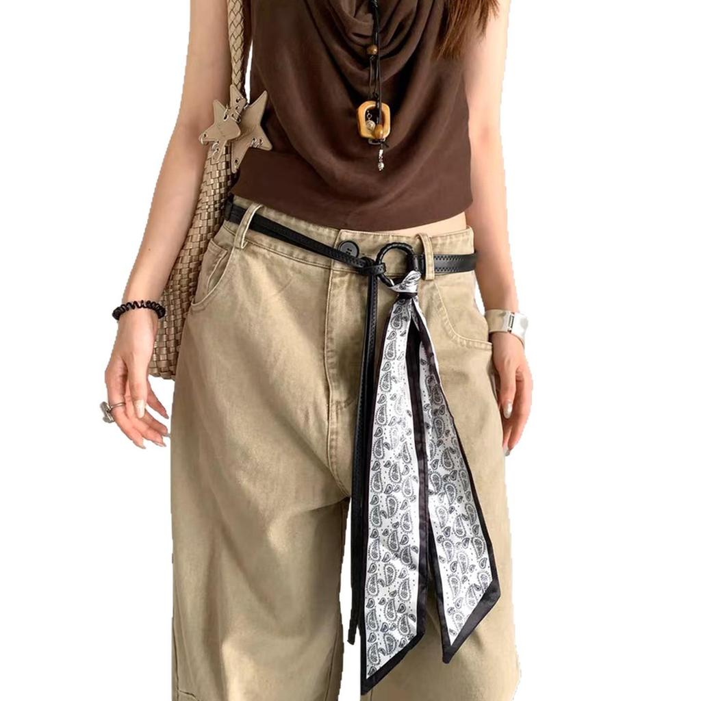 Ziyu Retro American Silk Scarf & Leather Belt with Waist Chain - Women's High-End Jeans Accessory 2025