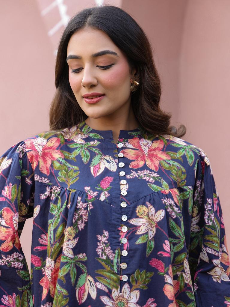 Blue Floral Print Mandarin Collar Cotton Top