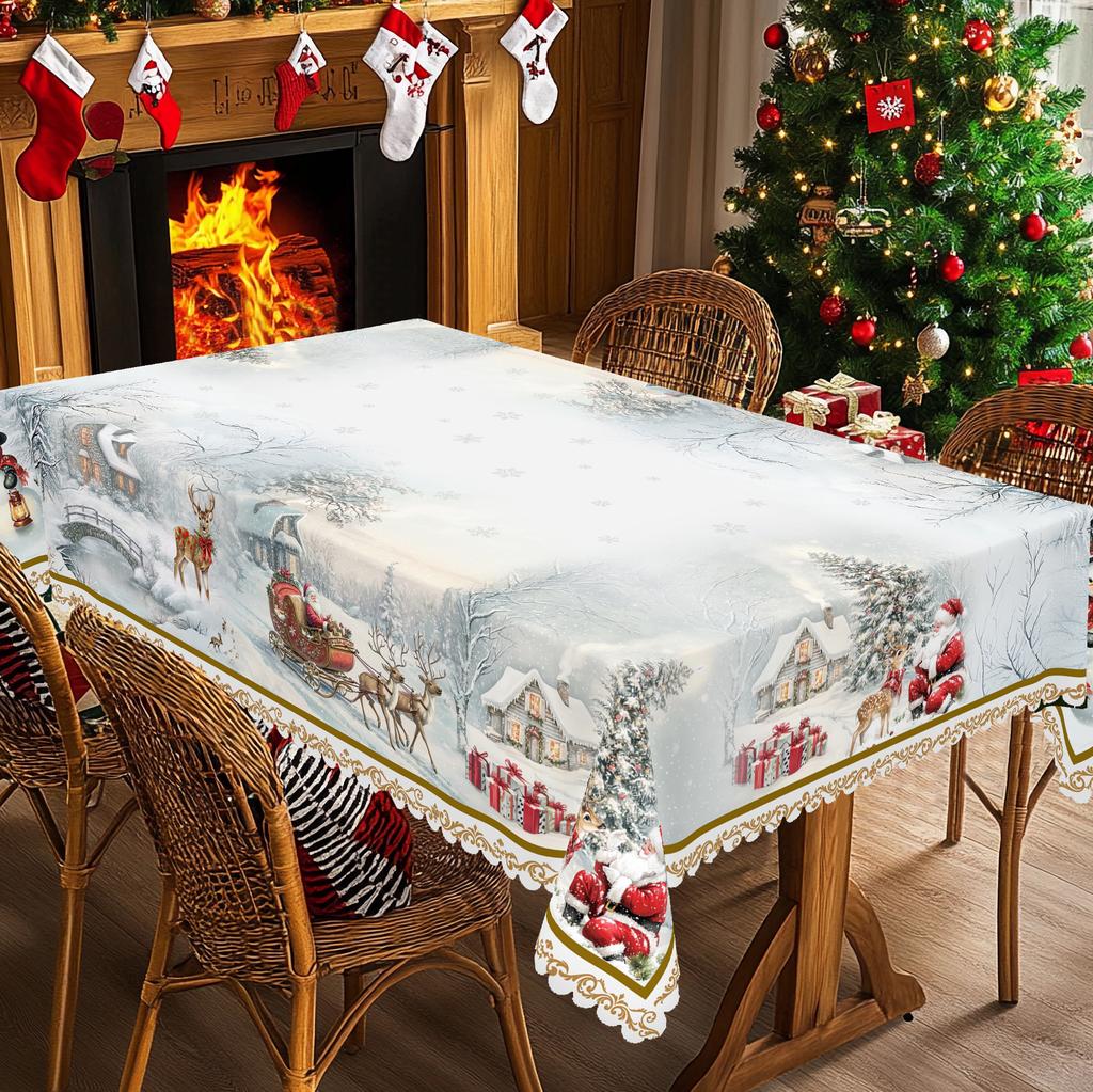 1 Piece Christmas Round And Rectangular Tablecloth, Various Sizes, Christmas Cute Snowman, Forest Pattern White Snowflake Print Pattern Tablecloth For