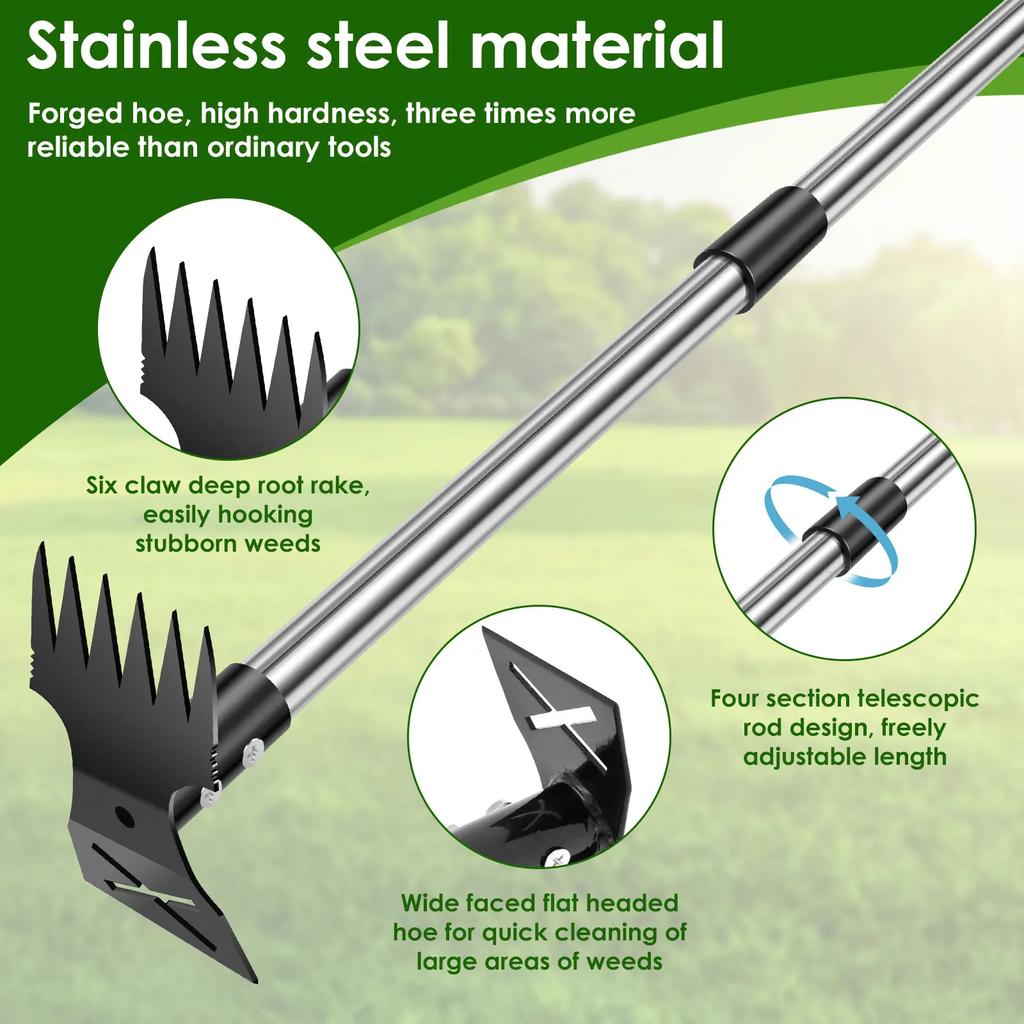 Garden Thatch Rake Stainless Steel Garden Weed Pulle Tool Removes Dead Grass Leaves Clearing Loosening Soil Lawn Rake