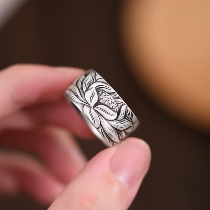 Adjustable Open Ring Men Women Vintage Floral Lotus Design Plated Geometric Band Unisex Fashion Jewelry