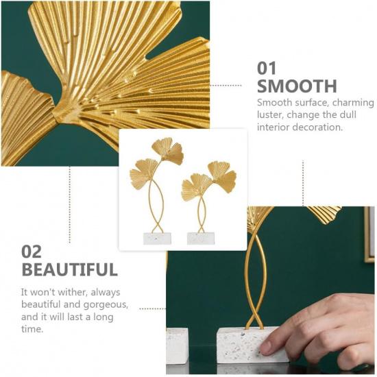 Cabilock 2Pcs Golden Gingko Leaf Statue Gold Leaf Metal Sculpture Metal Iron Leaf Sculpture Figurine Table Home Decoration with Wood Base for Bedroom