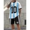 Men's No. 10 blue and white striped short-sleeved T-shirt paired with black and white striped shorts set, with printed design - no texture