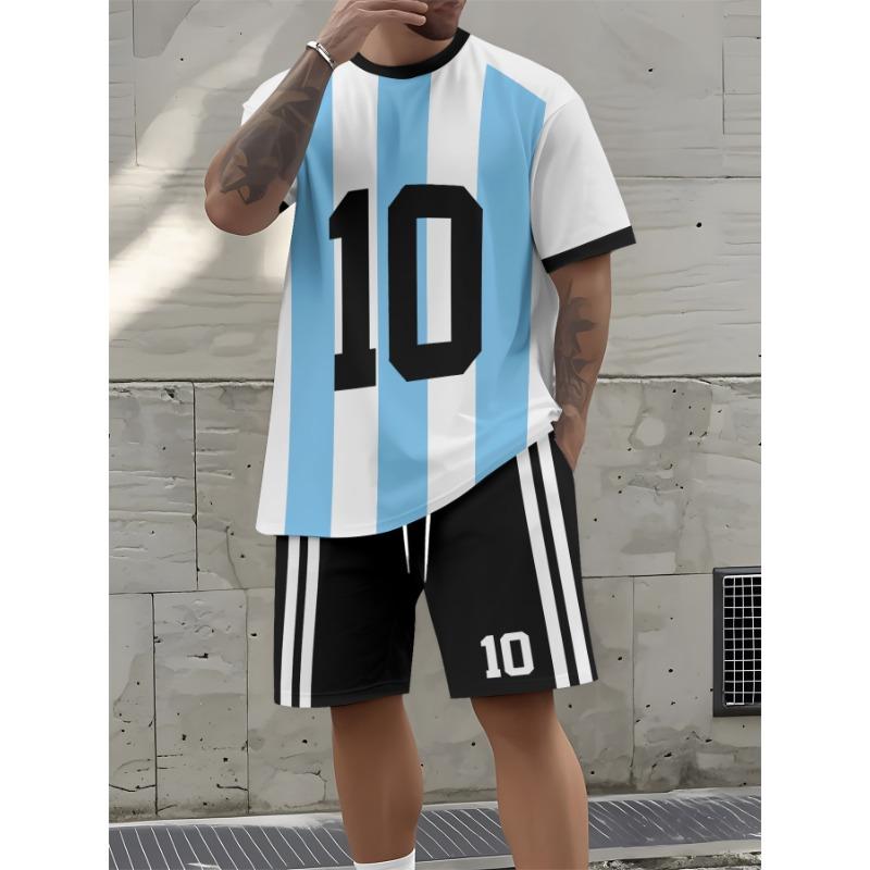Men's No. 10 blue and white striped short-sleeved T-shirt paired with black and white striped shorts set, with printed design - no texture