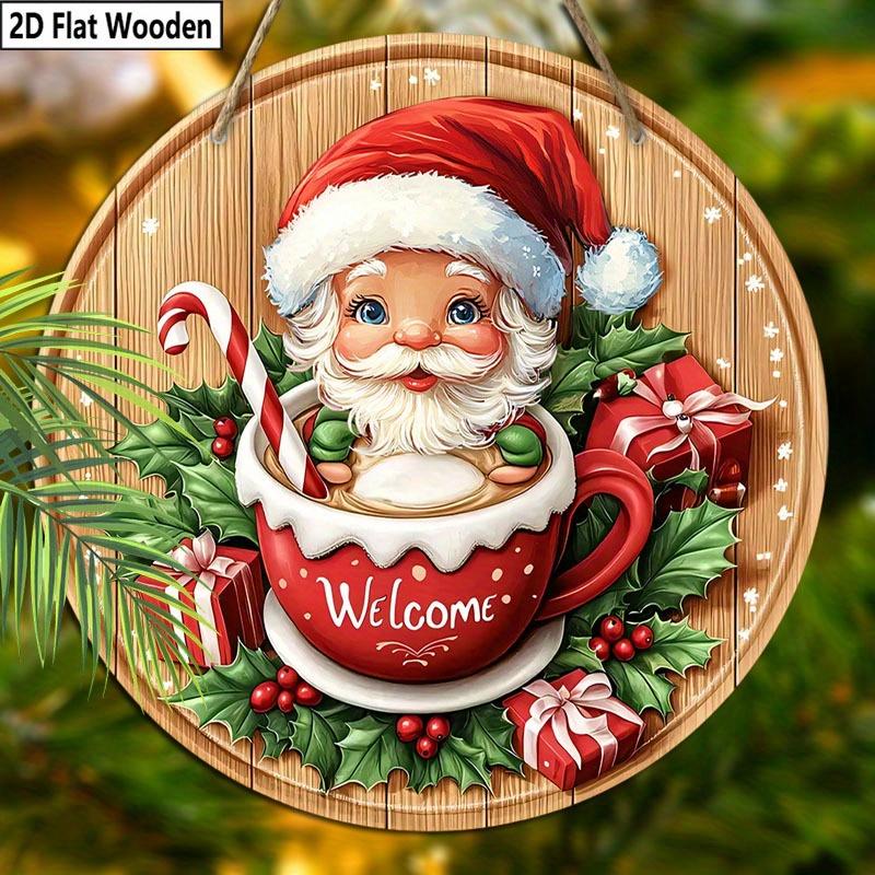 Christmas decoration sign,hanging decorations,2D flat Wooden products with The pattern is Santa Claus in the cup,Christmas gift for friends and family